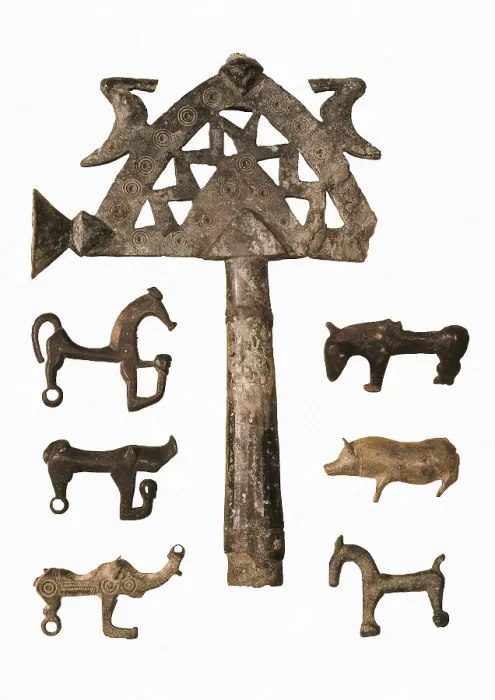 Framed Print : Fibula with representations of animals and an ornamental object (7th c. BC). Hallstatt Culture. Iron Age. Decorative Arts. SPAIN. Barcelona. Archaeology Museum of Catalonia