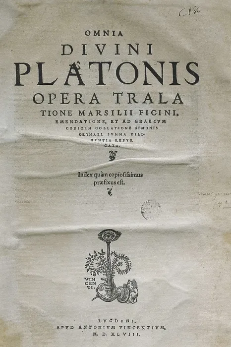 Framed Print : FICINO, Marsilio (1433-1499); PLATO (428-348 BC). Title page of an edition of Plato's works 'Omnia Divina Platonis Opera', translated by Marsilio Ficino, and published in 1548. SPAIN