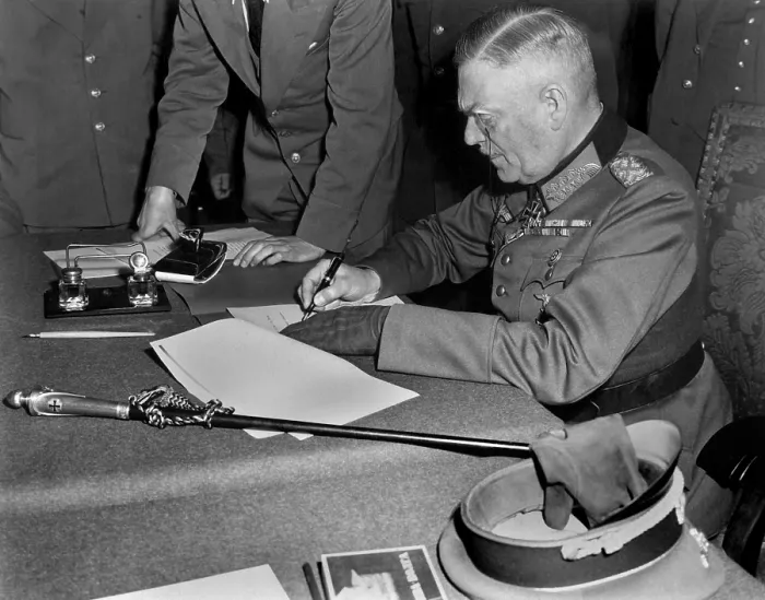 Framed Print : Field Marshal Wilhelm Keitel, signing the surrender for the German Army, May 7, 1945. At Russian Headquarters in Berlin, Germany, May 7, 1945. (BSLOC_2013-12_132)