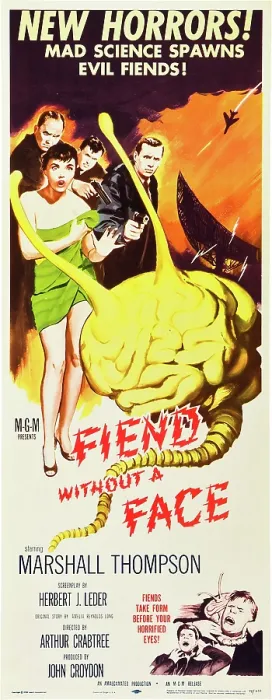 Framed Print : FIEND WITHOUT A FACE, Kim Parker (in towel), far right: Marshall Thompson on insert poster, 1958