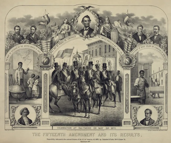 Framed Print : The Fifteenth Amendment banning voting discrimination was celebrated in this 1870 print. Central panel shows African American men, in a procession in Baltimore parade Framed Print : The Fifteenth Amendment banning voting discrimination was celebrated in this 1870 print. Central panel shows African American men, in a procession in Baltimore parade