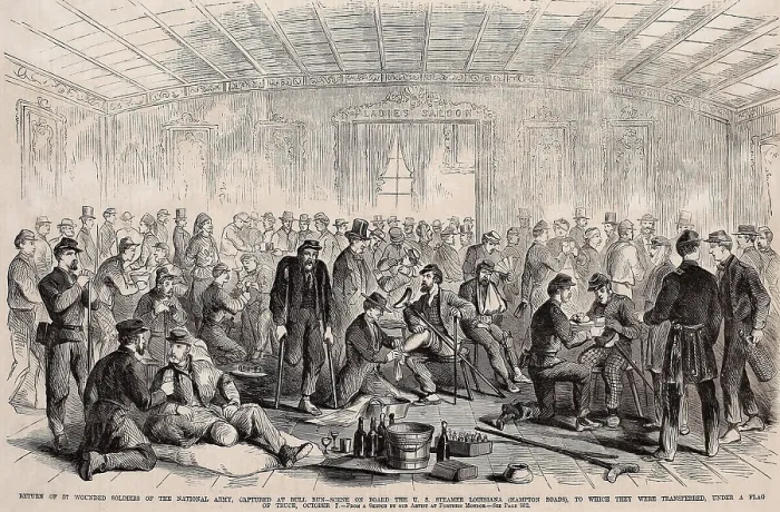 Framed Print : Fifty-seven wounded Union soldiers captured at First Bull Run, were exchanged on Oct, 7, 1861