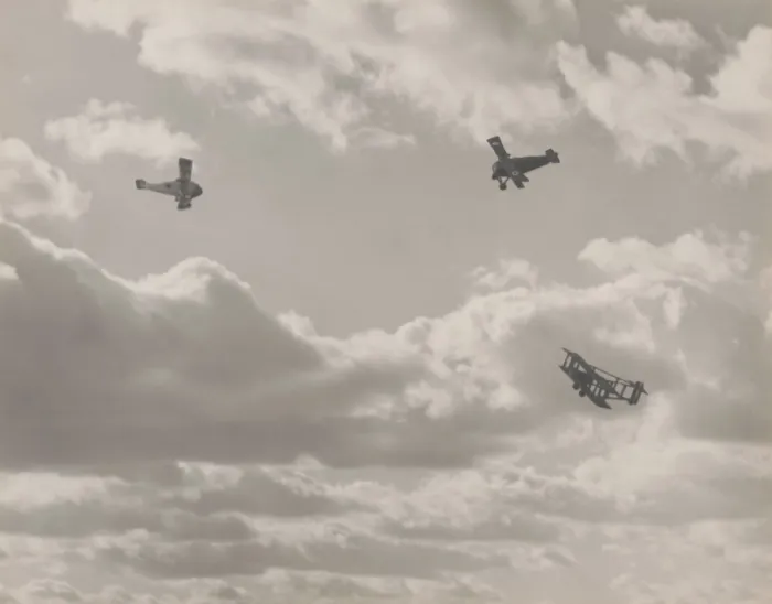 Framed Print : FIGHT IN THE AIR, by Ralph Osborne, 1918-19. World War I military aircraft in dogfight in a beautiful cloudy sky