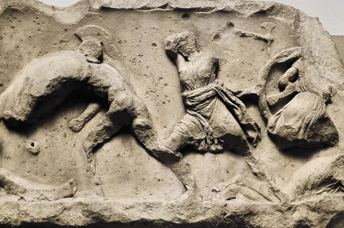 Framed Print : Fight between Amazons and Greeks. 4th c. BC. Hellenistic art. Relief. UNITED KINGDOM. London. The British Museum. Proc: TURKEY. Bodrum. Halicarnassus. Mausoleum at Halicarnassus