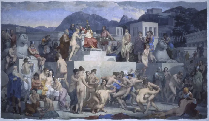 Framed Print : Fight of the Spartan Women, by Giovanni Demn, 1837, 19th century, oil on canvas - Italy, Veneto, Belluno, Sedico, Villa Patt. Whole artwork view Framed Print : Fight of the Spartan Women, by Giovanni Demn, 1837, 19th century, oil on canvas - Italy, Veneto, Belluno, Sedico, Villa Patt. Whole artwork view