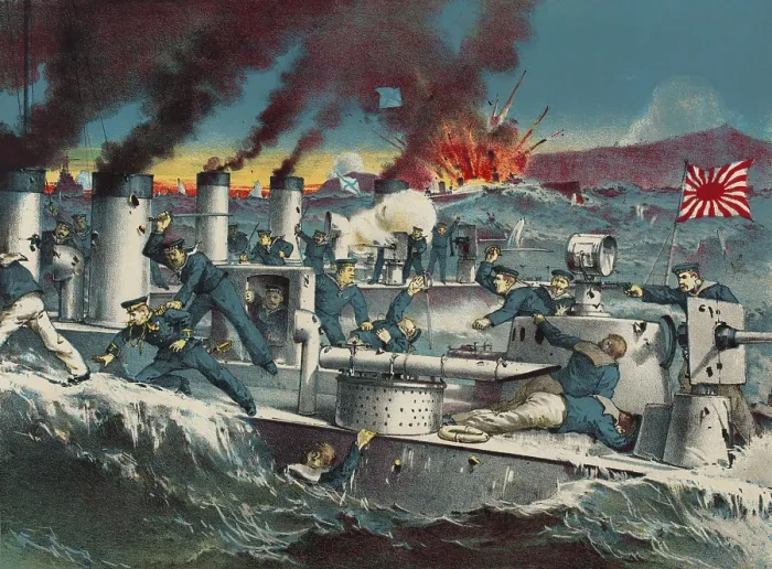 Framed Print : Fighting off Port Arthur during the Russo-Japanese War in April 1904. Sailors from a Japanese torpedo boat, Sazanami, board a Russian torpedo boat Framed Print : Fighting off Port Arthur during the Russo-Japanese War in April 1904. Sailors from a Japanese torpedo boat, Sazanami, board a Russian torpedo boat