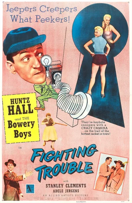 Framed Print : FIGHTING TROUBLE, US poster, Adele Jergens (top far right), Huntz Hall (holding camera), Stanley Clements (bottom left), 1956 Framed Print : FIGHTING TROUBLE, US poster, Adele Jergens (top far right), Huntz Hall (holding camera), Stanley Clements (bottom left), 1956