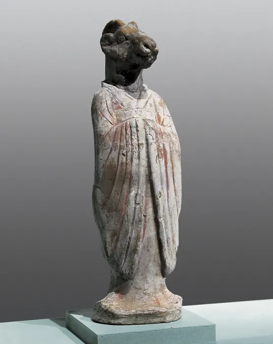 Framed Print : Figure of Goat of the Chinese Zodiac. 618 - 907. Chinese art. Tang period. Ceramics. CHINA. Beijing. Museum of History of China. Proc: CHINA. Xian