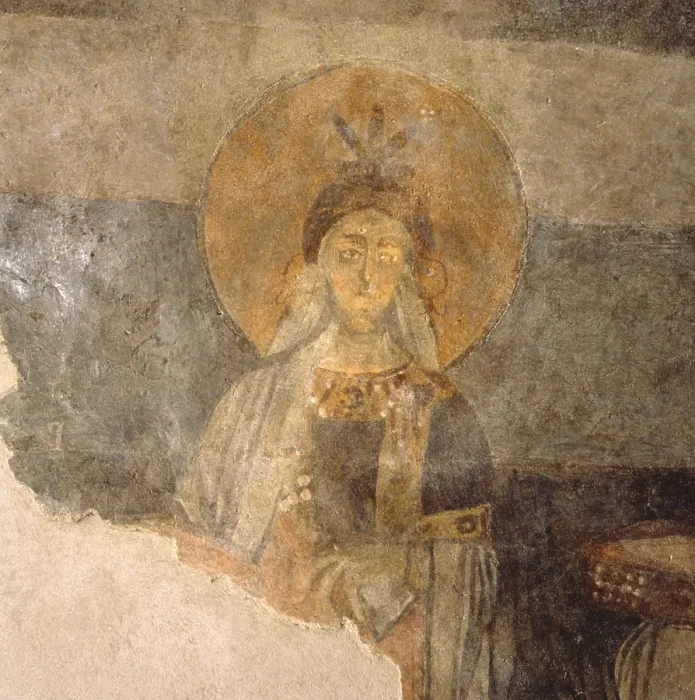Framed Print : Figure of Holy Woman, by Unknown Artist, 9th Century, fresco - Italy, Molise, Castel San Vincenzo, Abbey of San Vincenzo al Volturno. Detail