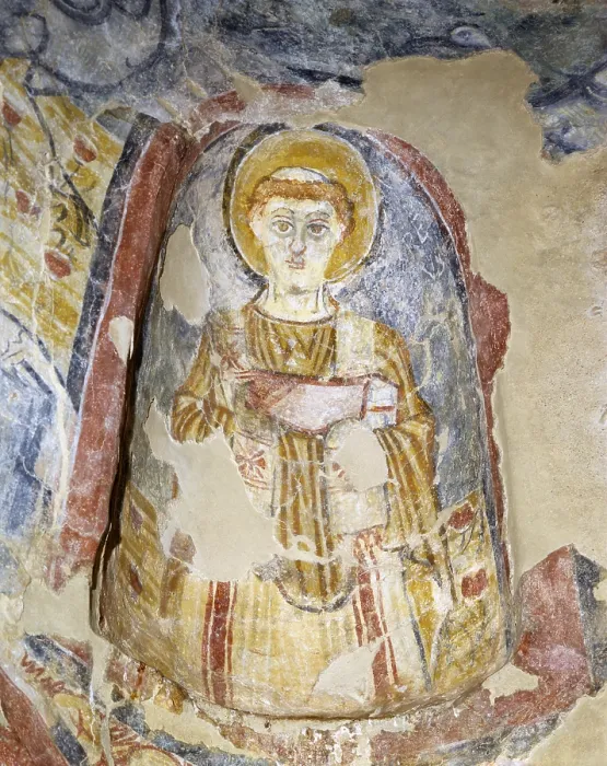 Framed Print : Figures of martyrs priests, by Unknown Artist, 8th Century, fresco - Italy, Puglia, Fasano, Little Temple of Seppannibale Farm. Detail