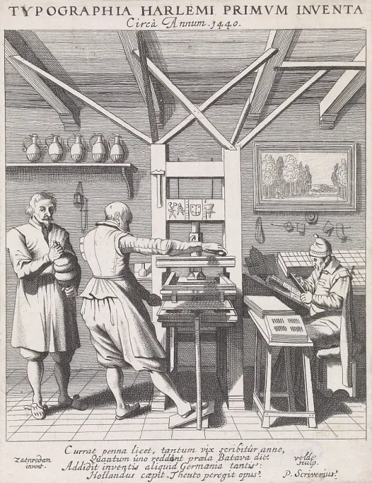 Framed Print : Figures at a Press, by Jan van de Velde and Petrus Scriverius, 1628, Dutch print, etching on paper. The purported invention of the printing press by Laurens Coster in Haarlem, ca Framed Print : Figures at a Press, by Jan van de Velde and Petrus Scriverius, 1628, Dutch print, etching on paper. The purported invention of the printing press by Laurens Coster in Haarlem, ca