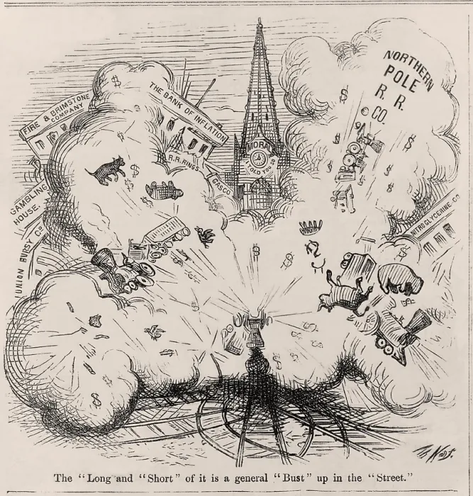 Framed Print : Financial Panic of 1873. Thomas Nast cartoon showing an explosion blowing up Northern Pole R.R. Co. the Bank of Inflation, Fire and Brimstone Company, etc Framed Print : Financial Panic of 1873. Thomas Nast cartoon showing an explosion blowing up Northern Pole R.R. Co. the Bank of Inflation, Fire and Brimstone Company, etc