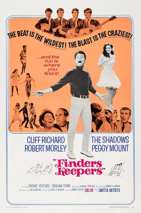 Framed Print : FINDERS KEEPERS, US poster, The Shadows (top), bottom from left: Peggy Mount, Robert Morley, Cliff Richard (standing), Vivienne Ventura (rear), 1966