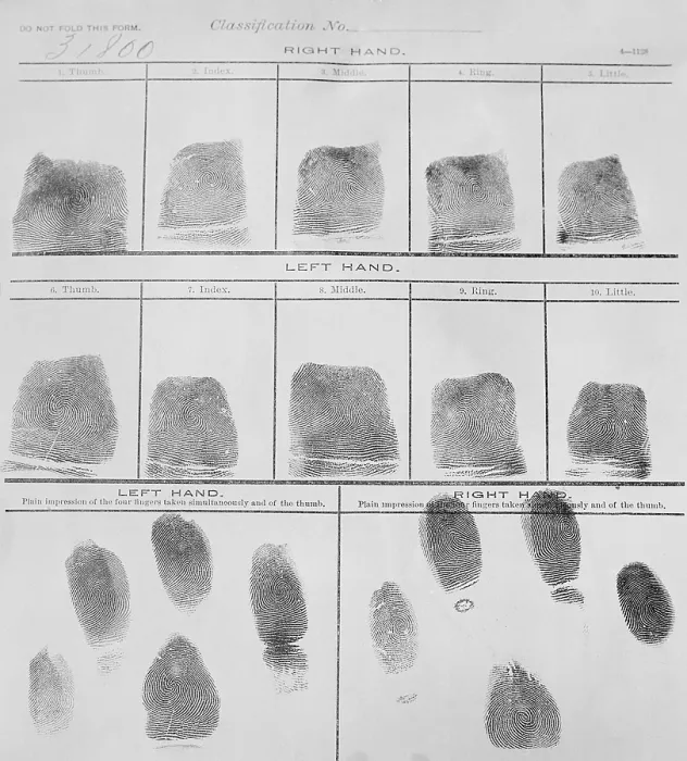 Framed Print : Fingerprint record sheet from the Navy Department in 1912. Fingerprints were introduced into police investigations in the early 20th century