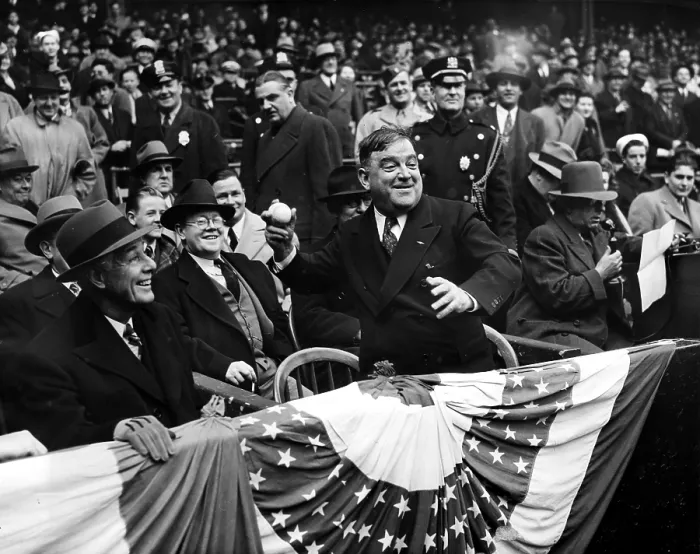 Framed Print : Fiorello LaGuardia, Mayor of New York, throwing out the first ball of the season at Yankee Stadium, April 22, 1943. Courtesy: CSU Archives  /  Everett Collection