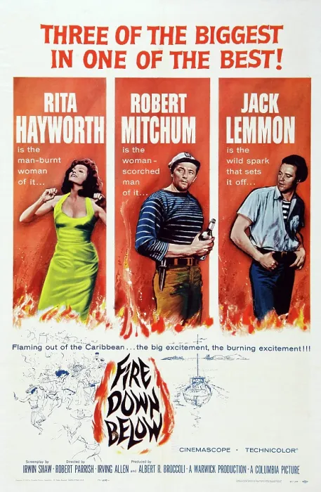 Framed Print : FIRE DOWN BELOW, l-r: Rita Hayworth, Robert Mitchum, Jack Lemmon on poster art, 1957