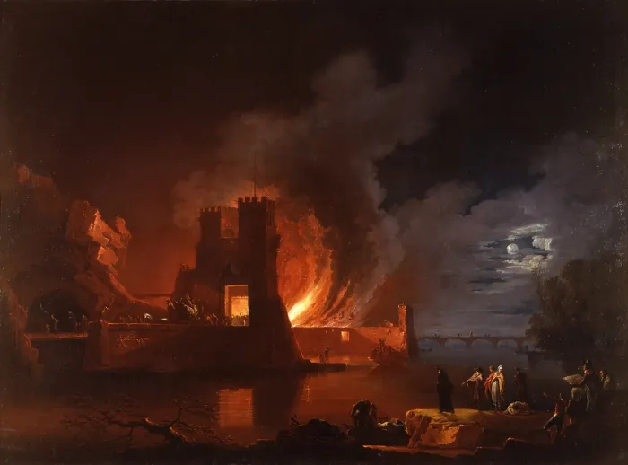 Framed Print : Fire in a Dock, by Francesco Fidanza, 1798, 18th Century, oil on canvas - Italy, Lombardy, Milan, Castello Sforzesco, Civic Collections of Ancient Art. Whole artwork view