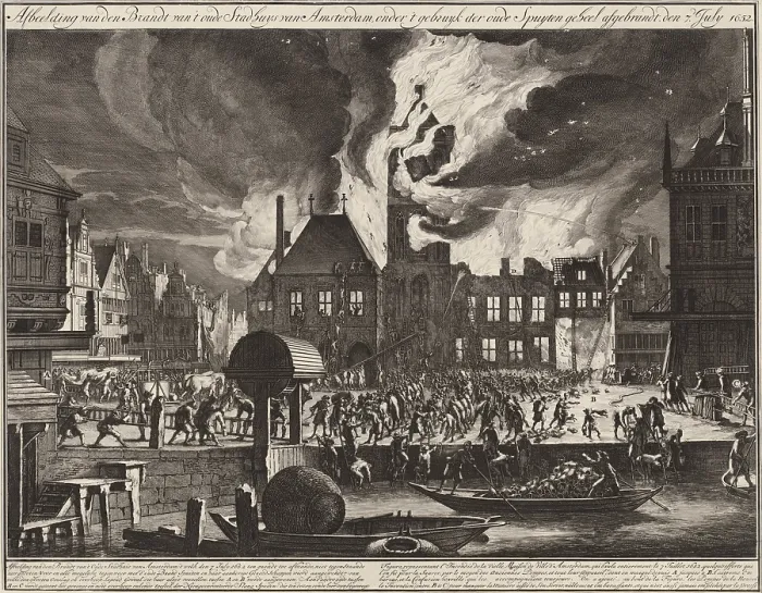 Framed Print : The Fire in the Old Town Hall in Amsterdam, 1652, by Jan van der Heyden, 1688-90, Dutch print. Engraving and etching on paper