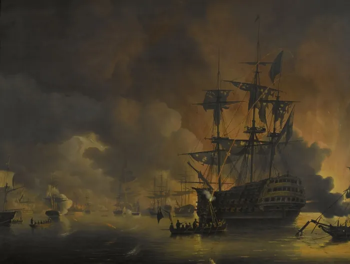 Framed Print : The Fire on the Wharves of Algiers, Shortly after the Commencement of the Bombardment by the Anglo-Dutch Fleet, August 27, 1816, by Nicolaas Baur, c.1816-20, Dutch painting