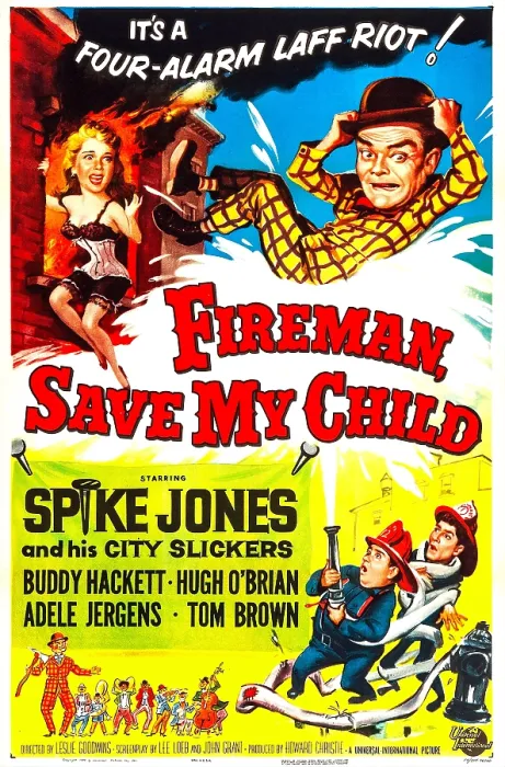 Framed Print : FIREMAN, SAVE MY CHILD, US poster, top from left: Adele Jergens, Spike Jones, bottom from left: Buddy Hackett, Hugh O'Brian, 1954