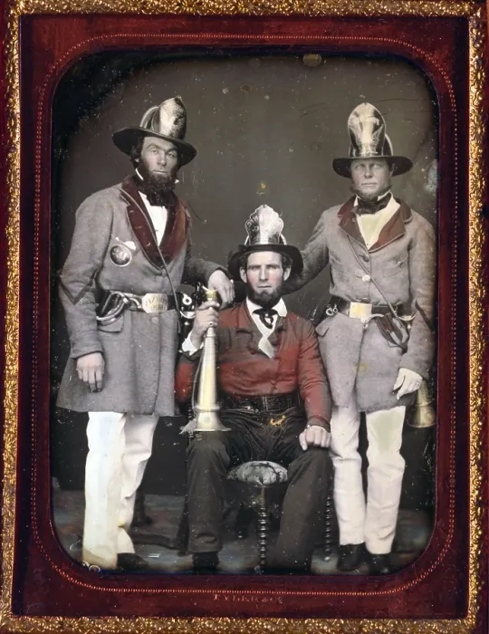 Framed Print : Firemen, foremen, Phoenix Fire Company and Mechanic Fire Company, Charleston, South Carolina, hand colored quarter-plate daguerreotype, 1855