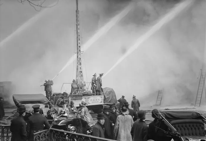 Framed Print : Firemen spraying three streams of high pressure water on a fire on 14th St. NYC, Dec. 1909 (BSLOC_2017_17_102) Framed Print : Firemen spraying three streams of high pressure water on a fire on 14th St. NYC, Dec. 1909 (BSLOC_2017_17_102)