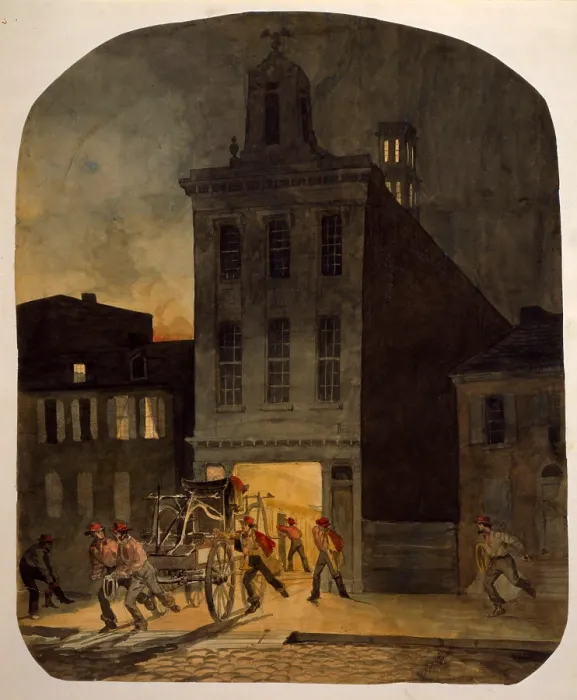 Framed Print : Firemen from the Weccacoe Engine Company pulling a hand-drawn fire engine as other firemen scramble to readiness. Philadelphia, 1857 Framed Print : Firemen from the Weccacoe Engine Company pulling a hand-drawn fire engine as other firemen scramble to readiness. Philadelphia, 1857