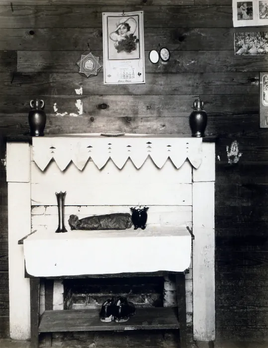 Framed Print : Fireplace in the bedroom of Floyd Burroughs, cotton sharecropper, Hale County, Alabama. Hale County, Alabama. Published in the book, Let Us Now Praise Famous Men