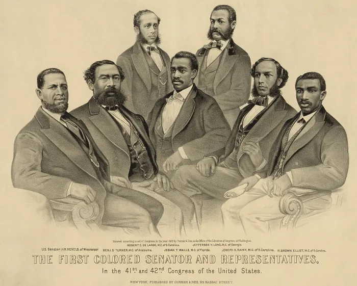 Framed Print : The first African American Senator and Representatives in the 41st and 42nd Congress of the United States. Group portrait of African American legislators: Robert C Framed Print : The first African American Senator and Representatives in the 41st and 42nd Congress of the United States. Group portrait of African American legislators: Robert C