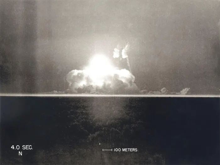 Framed Print : First Atomic Explosion on July 16, 1945. Photograph taken at 4 seconds after the initial Trinity detonation shows the beginning of the Mushroom cloud