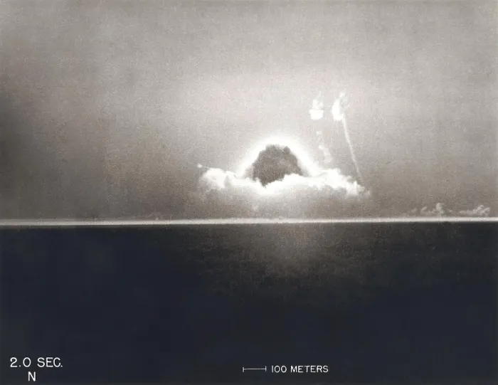 Framed Print : First Atomic Explosion on July 16, 1945. Photograph taken at 2 seconds after the initial Trinity detonation shows the beginning of the Mushroom cloud