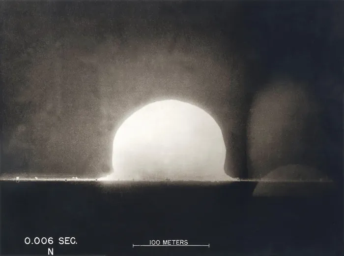 Framed Print : First Atomic Explosion on July 16, 1945. Photograph taken at.006 seconds after the detonation shows a plasma dome. Manhattan Project, World War 2. Alamogordo, New Mexico