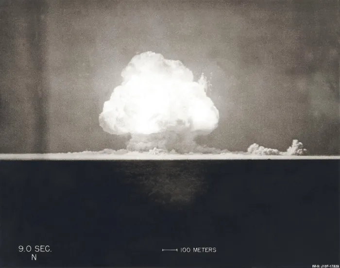 Framed Print : First Atomic Explosion on July 16, 1945. Photograph taken at 9 seconds after the initial Trinity detonation shows the Mushroom cloud. Manhattan Project, World War 2