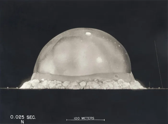 Framed Print : First Atomic Explosion on July 16, 1945. Photograph taken at.025 seconds after the Trinity initial detonation shows a plasma dome. Manhattan Project, World War 2