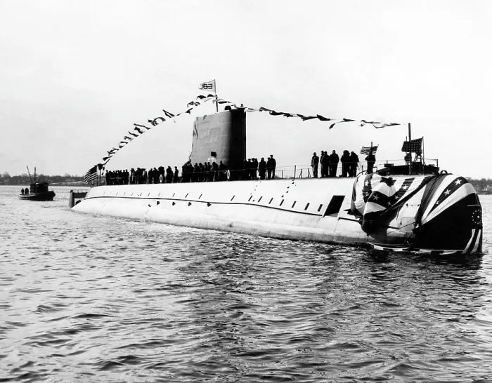Framed Print : The first atomic submarine, U.S.S. Nautilus, being launched at Groton, Connecticut, January 21, 1954.. Courtesy: CSU Archives  /  Everett Collection