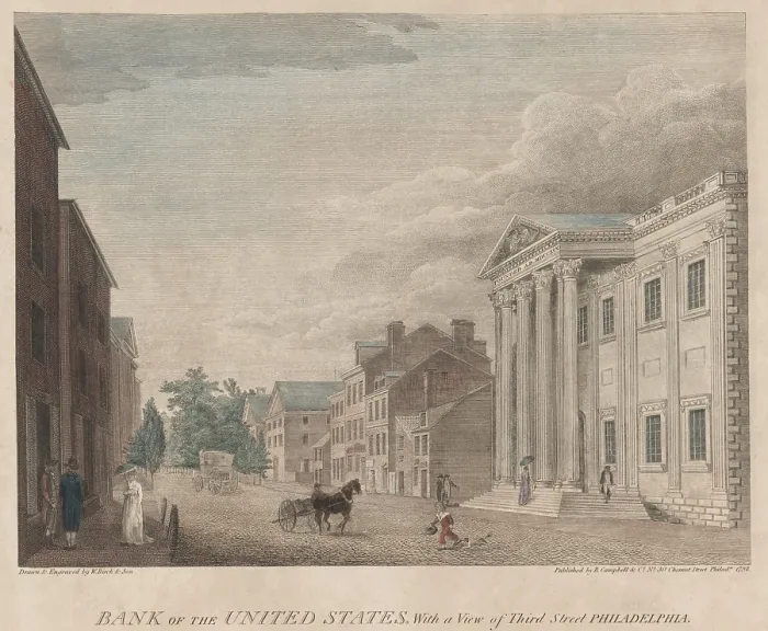Framed Print : First Bank of the United States on Third Street Philadelphia was chartered by the Federal government as central bank that held public funds and controlled currency circulation