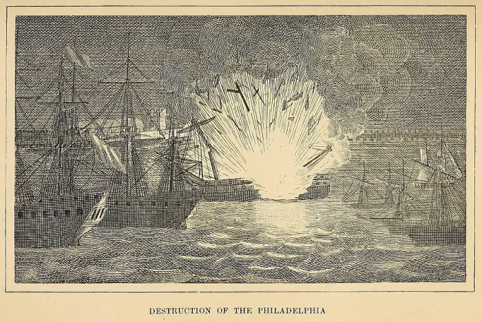 Framed Print : First Barbary War 1801-1805. Destruction of the USS Philadelphia in Tripoli Harbor. Feb. 16 1804