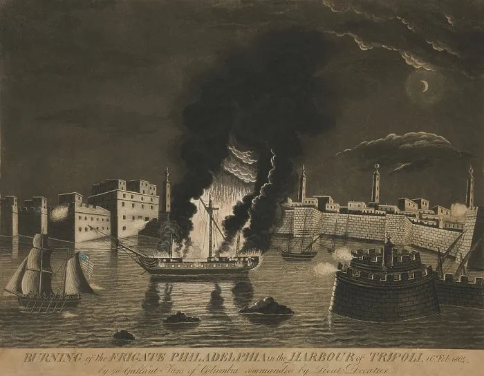 Framed Print : During the First Barbary War, on Oct. 31, 1803, the frigate USS Philadelphia ran aground on a reef two miles off Tripoli Harbor, while chasing a pirate ship