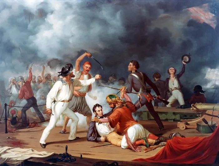 Framed Print : First Barbary War between the US and Tripoli, May 1801-June 1805. Stephen Decatur's sailors fight corsairs on deck of an Tripolitan gunboat, August 3, 1804
