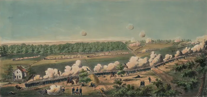 Framed Print : First Battle of Bull Run, (First Manassas), July 21, 1861. Union Gen. Burnside's Brigade facing Confederate General Evans on Matthews Hill, at 11:00 AM