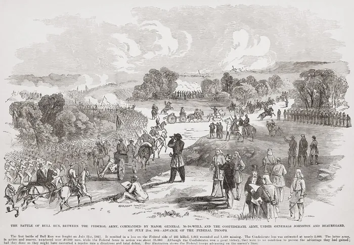 Framed Print : First Battle of Bull Run, (First Manassas), July 21, 1861. Main column of 18, 000 Union troops is advancing on Confederate lines around 9:30 AM, July 21, 1861 Framed Print : First Battle of Bull Run, (First Manassas), July 21, 1861. Main column of 18, 000 Union troops is advancing on Confederate lines around 9:30 AM, July 21, 1861