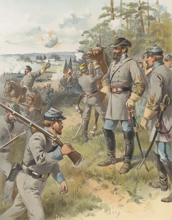 Framed Print : First Battle of Bull Run, (First Manassas), July 21, 1861. General Stonewall Jackson standing with soldiers, monitoring the action of the battle at Henry House Hill