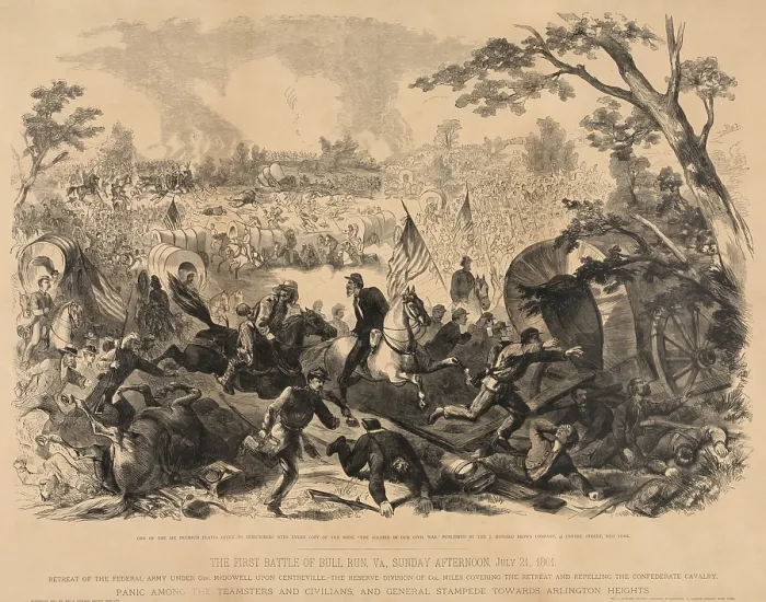 Framed Print : First Battle of Bull Run, (First Manassas), July 21, 1861. The retreat of the Union Army, at he end of the First Battle of Bull Run. The army under Gen