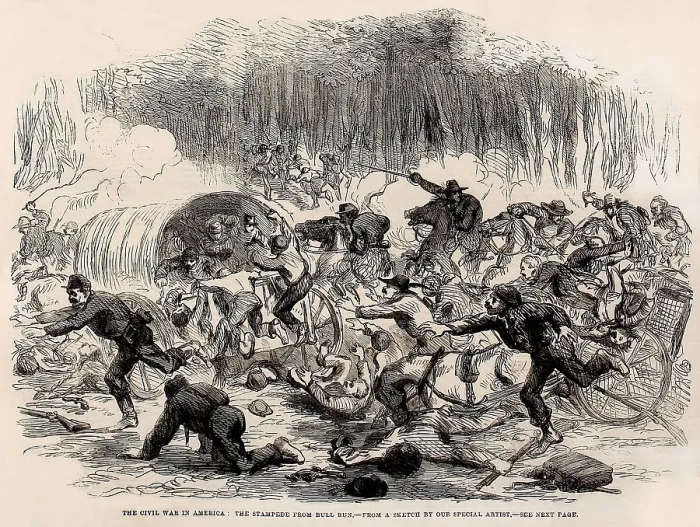 Framed Print : First Battle of Bull Run, (First Manassas), July 21, 1861. Stampede of Union troops from the Battle of Bull Run at 5:30 PM, after 10 hours of fighting