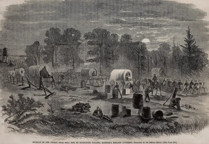 Framed Print : First Battle of Bull Run, (First Manassas), July 21, 1861. First Brigade, Fifth Division, commanded by Col. Louis Blenkers made an orderly retreat from the Battle of Bull Run