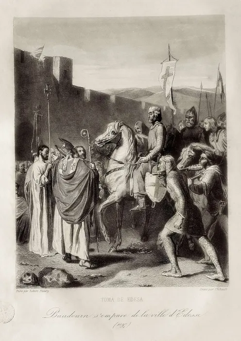 Framed Print : First Crusade. The conquest of Edessa (February 1098). Baldwin I, appealed by the Armenian prince Thoros, enters into Edessa where he's received by the Armenian clergyman Framed Print : First Crusade. The conquest of Edessa (February 1098). Baldwin I, appealed by the Armenian prince Thoros, enters into Edessa where he's received by the Armenian clergyman