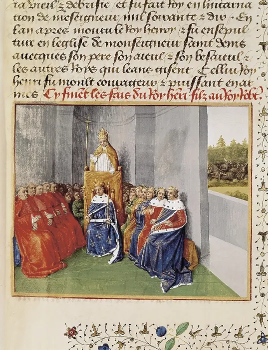 Framed Print : First Crusade. Council of Clermont (1095). Pope Urban II talks to the Emperor and the Christian monarchs urging them to free Holy Land. Gothic art. Miniature Painting. FRANCE