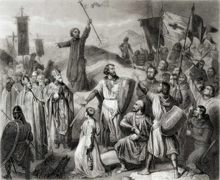 Framed Print : First Crusade. Taking of Jerusalem, 14th July 1099. Gottfried of Bouillon under control. Copy of a paintinb by Victor Schnetz (1841). Engraving. SPAIN. Barcelona