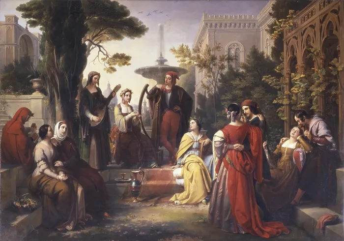Framed Print : The first day of the Decameron, by Francesco Podesti, 1847, 19th century, oil on canvas - Italy, Veneto, Treviso, Civic Museum. Whole artwork view