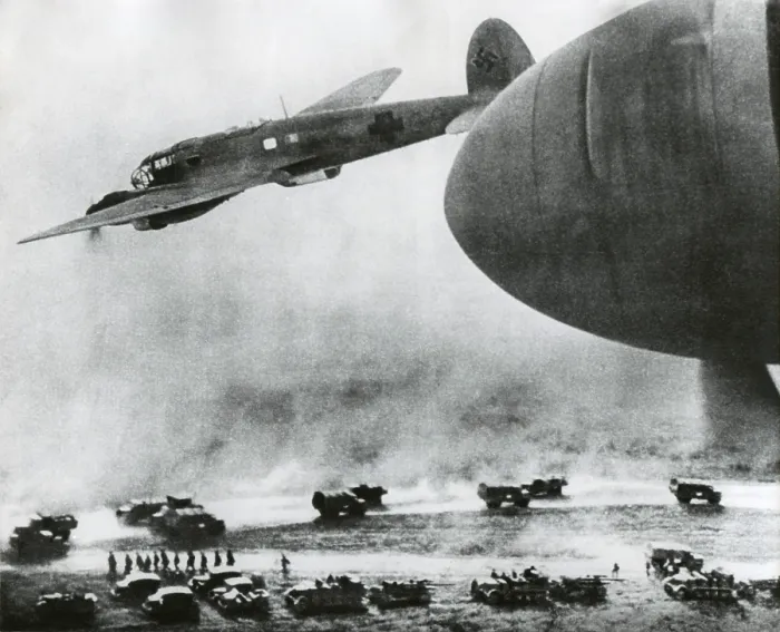 Framed Print : First days of the German Invasion of the Soviet Union in June 1941. German bombers fly over Nazi invasion vehicles. Ca. June 21-24, 1941, during World War 2. (BSLOC_2014_8_2) Framed Print : First days of the German Invasion of the Soviet Union in June 1941. German bombers fly over Nazi invasion vehicles. Ca. June 21-24, 1941, during World War 2. (BSLOC_2014_8_2)